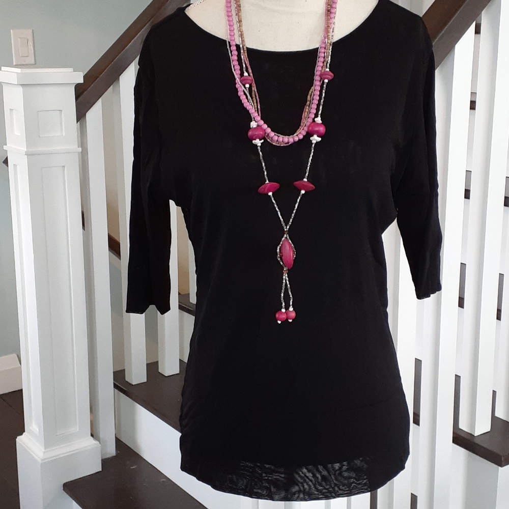+ Black 3/4 sleeve double mesh stretchy top